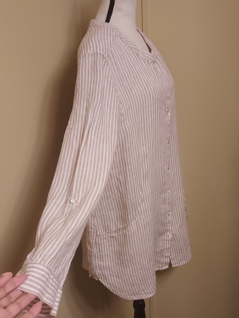 Sigrid Olsen Linen Button-Down Tunic Shirt in Light Tan and White Stripes - Picture 3 of 9